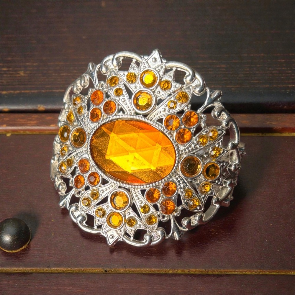 Vintage Style Amber Rhinestone Silver Filigree Hinge Cuff Bracelet Statement